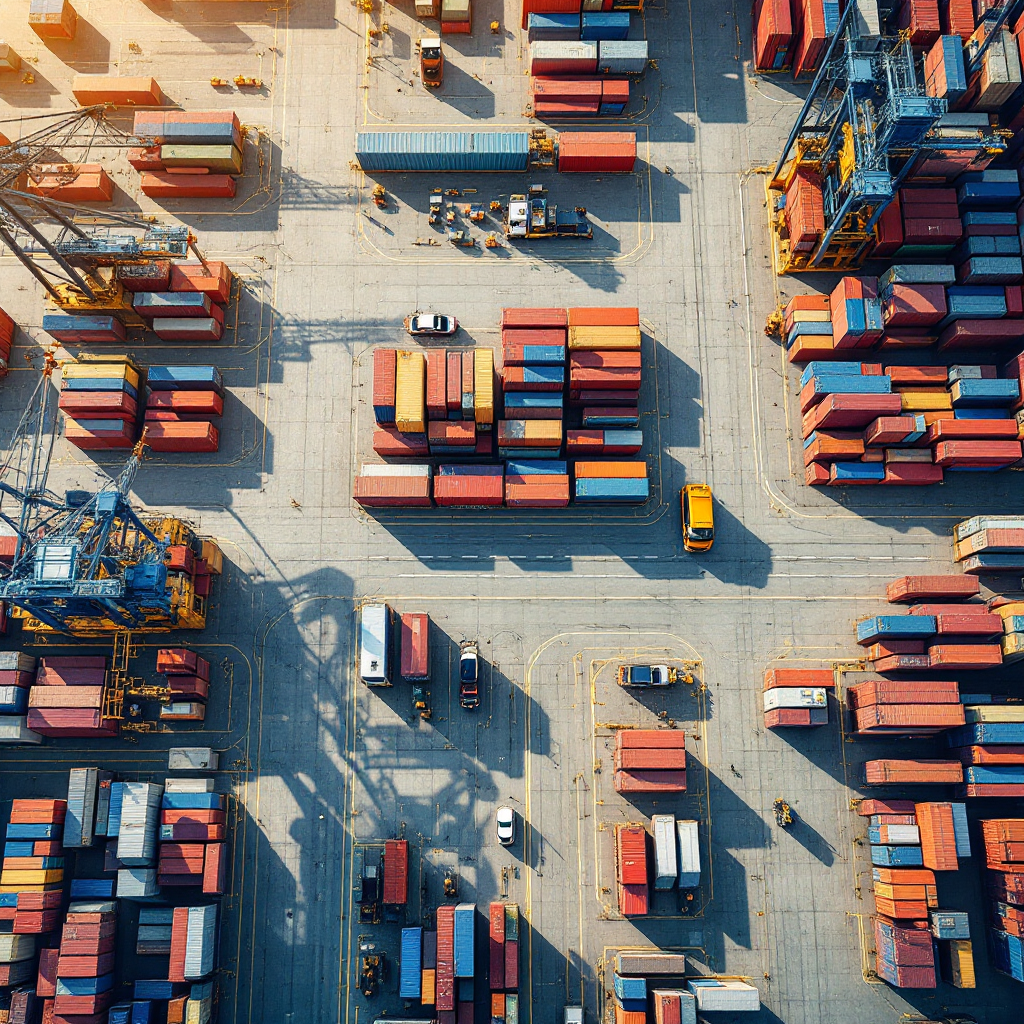 Aerial view of compact container yard Aerial view of a compact container terminal yard with cranes, truck lanes, and stacked containers, showing clear circulation paths and clustered storage areas, no text or numbers