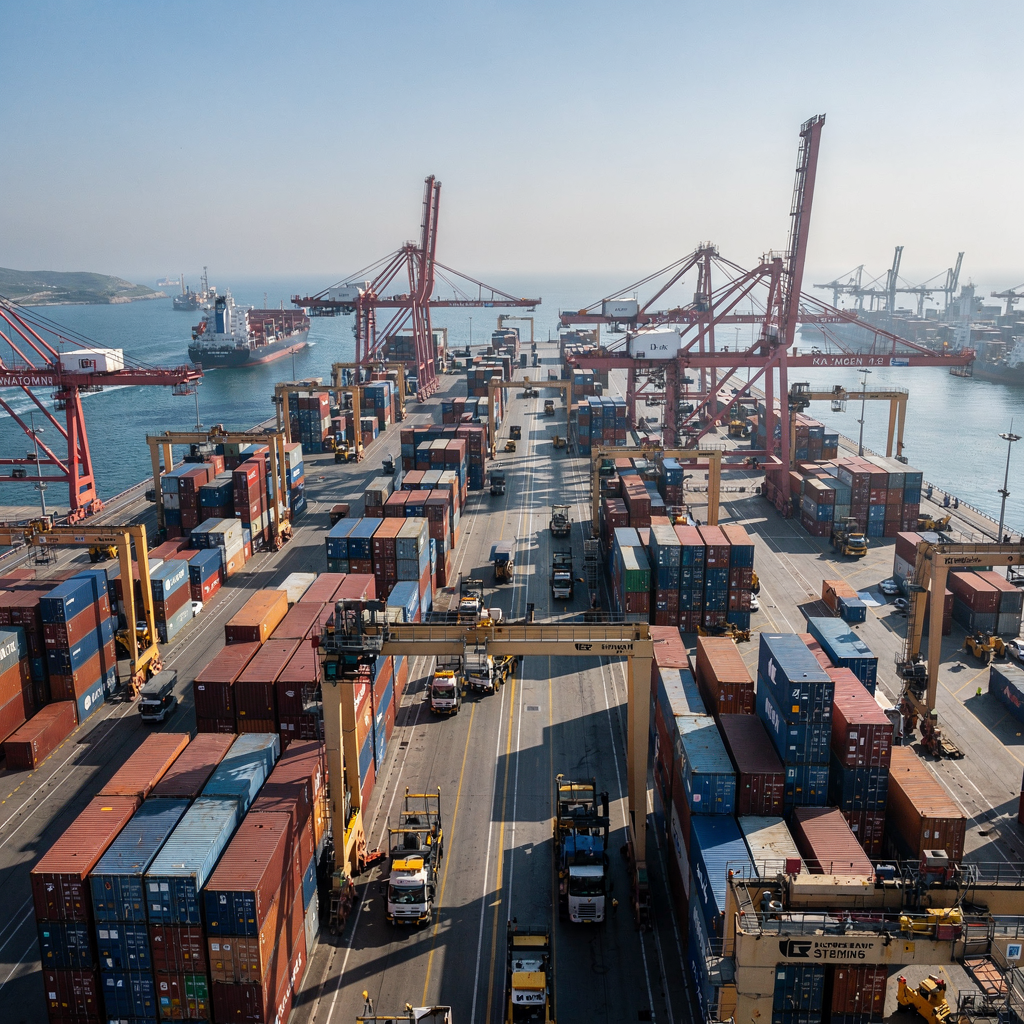 Aerial view of container port operations Aerial perspective of a busy container port with cranes lifting containers, AGVs moving between stacks, and vessels at berth, clear sky, no text