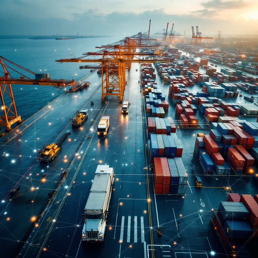 Aerial view of container port with digital overlay Aerial view of a modern container port showing cranes, trucks, stacks of containers, and network lines overlaid to suggest digital connections (no text or numbers)