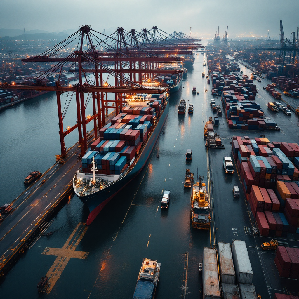A busy container port waterfront from above showing multiple container vessels at berth, quay cranes working, trucks and yard stacks, overcast sky, no text or numbers