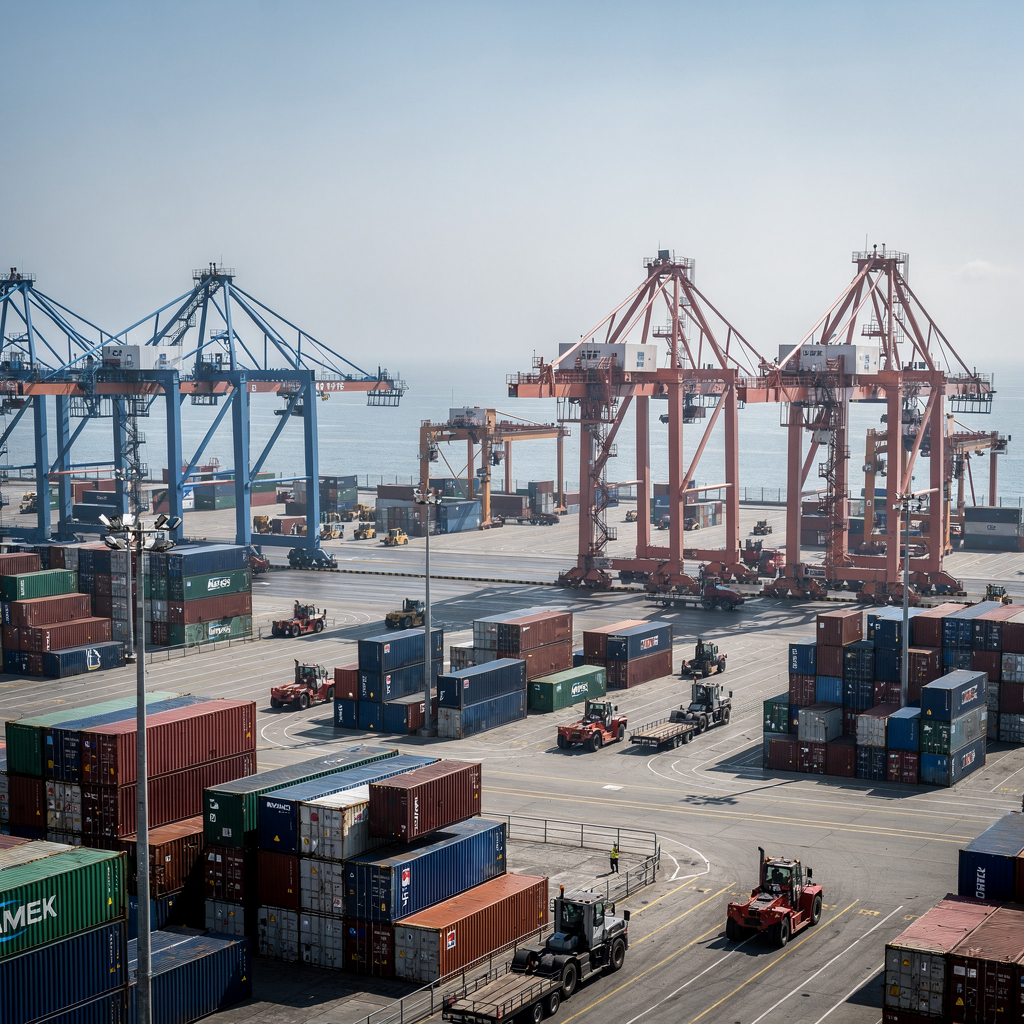 A busy container terminal yard viewed from above at midday, showing quay cranes, yard tractors moving containers, and stacked containers; clear sky, no text