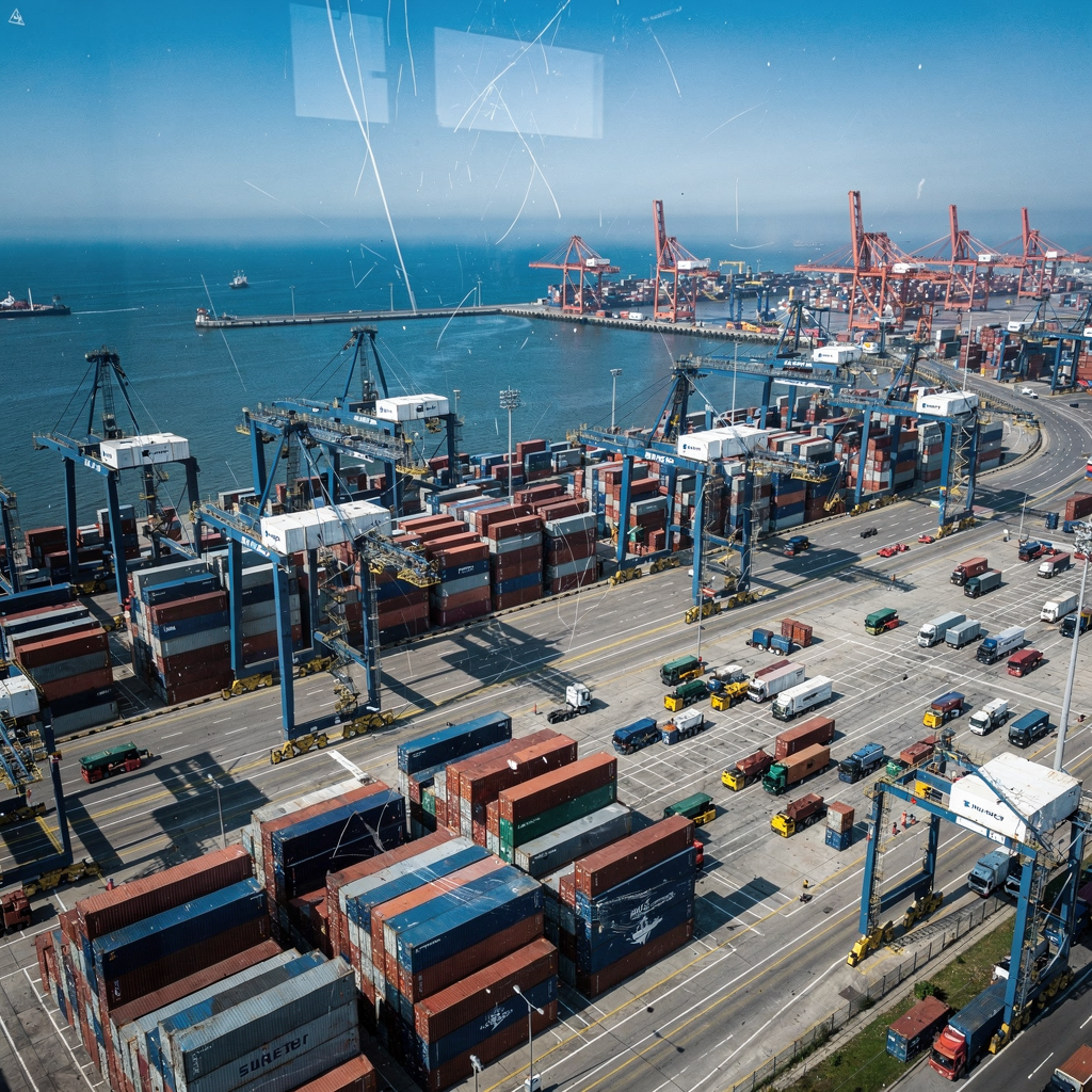 Aerial view of a busy modern port terminal showing container stacks, quay cranes, AGVs moving, and a clear separation of yard and quay operations under blue sky