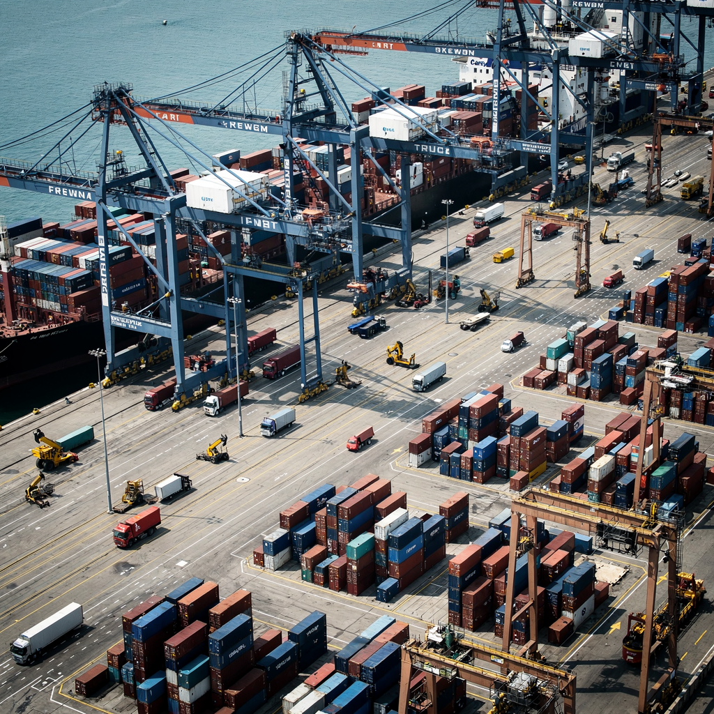 Aerial view of container terminal operations with quay cranes and yard stacks An aerial view of a busy container terminal showing quay cranes, stacked containers, trucks and yard equipment operating in coordinated patterns, realistic colors and no text