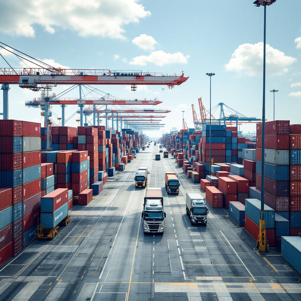 A busy container terminal yard with stacks of shipping containers, quay cranes lifting containers from a large vessel, and trucks moving between gates and stacks. Clear sky, daytime, no text or numbers in the image