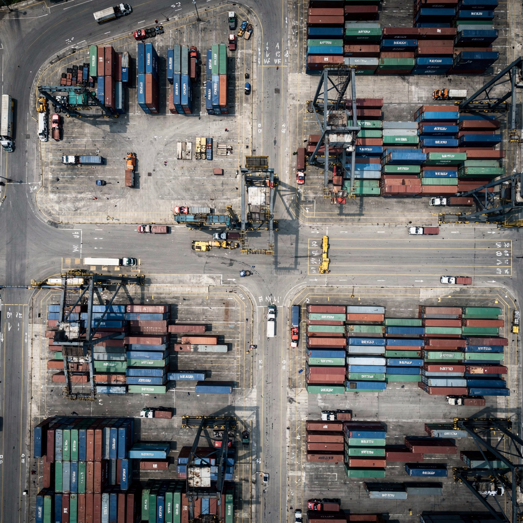 An aerial view of a busy container terminal with cranes, trucks, and clearly marked yard blocks, showing the interaction of equipment and stacked containers; no text
