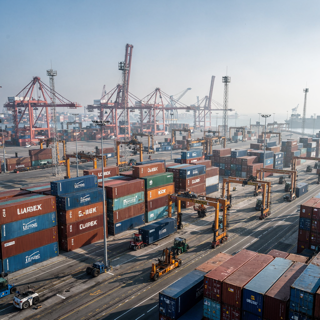 Aerial view of container terminal with cranes and stacked containers Aerial view of a busy container port terminal yard with cranes, stacked containers, automated vehicles and telemetry towers, clear weather, no text