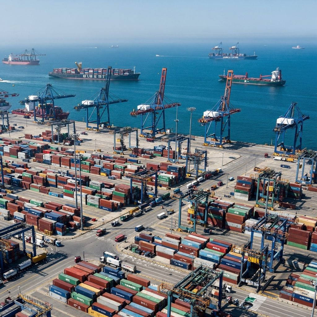 A high-level aerial view of a busy container terminal showing cranes, stacks of containers, trucks queuing at gates, and vessels at berth on a clear day