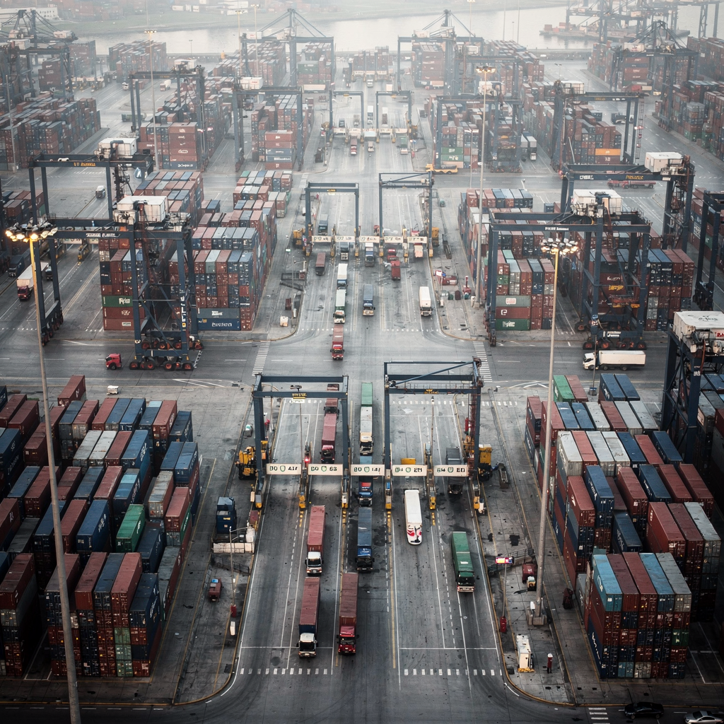 An aerial view of a busy container terminal showing rows of stacked containers, gantry cranes, and trucks moving into a gate with clear paths and sensors visible on cranes