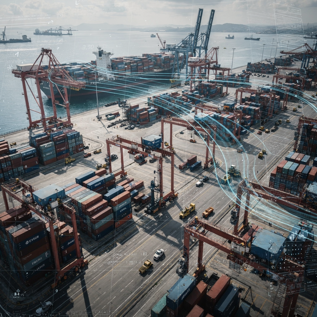 An aerial view of a large deepsea container terminal with cranes, automated guided vehicles, stacks of containers and a digital overlay of data streams and flow lines, no text or numbers