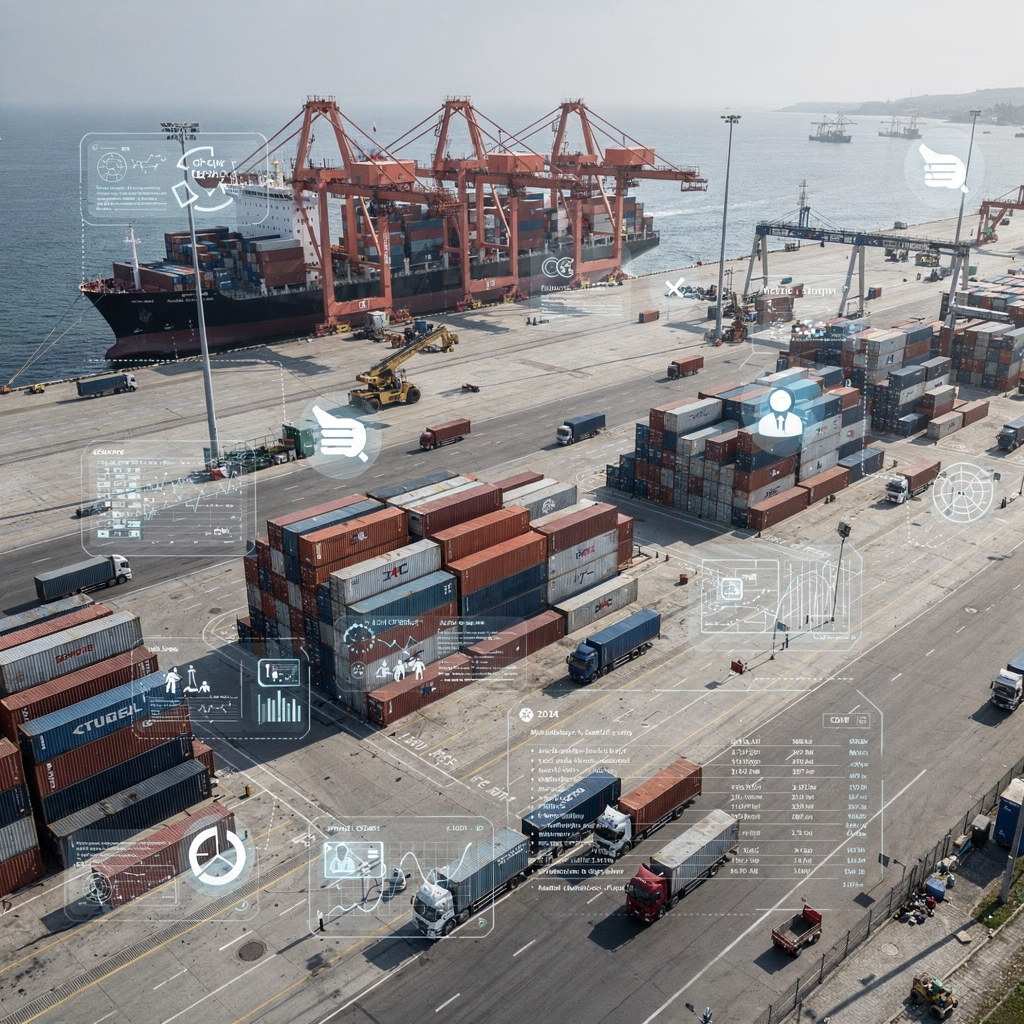 Aerial view of container terminal with digital overlay A wide aerial view of a busy container terminal showing stacked containers, quay cranes servicing a vessel, trucks moving in the yard and a digital overlay of data streams and planning icons