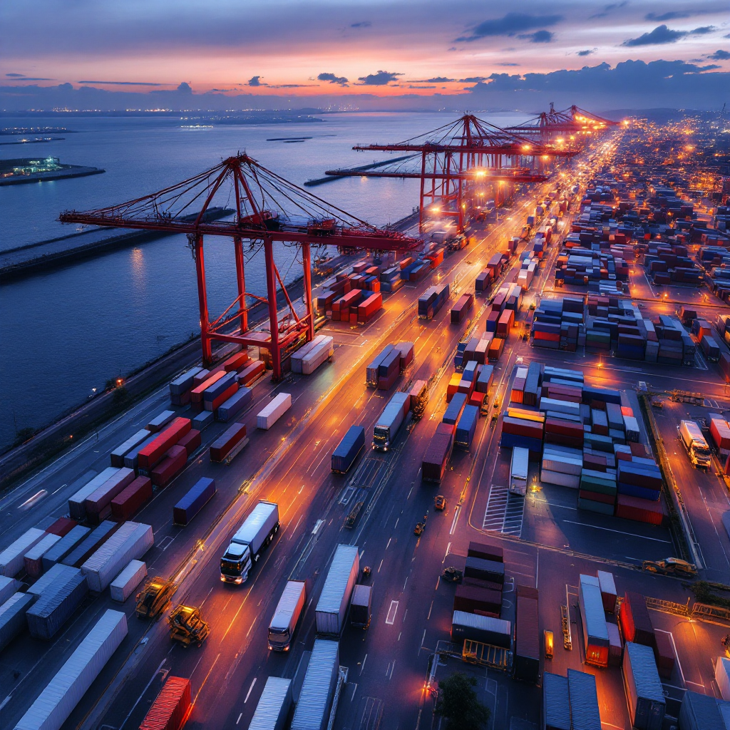Wide-angle aerial view of a modern container terminal at dusk showing cranes, stacked containers, trucks and AGVs operating under LED lighting with clear lanes and water in the background
