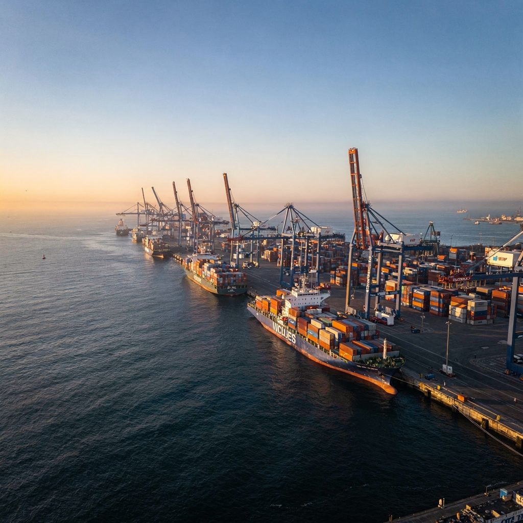 A wide aerial view of a deep-sea container terminal at dawn showing multiple quay cranes, container stacks, and vessels alongside piers, with clear sky and calm water