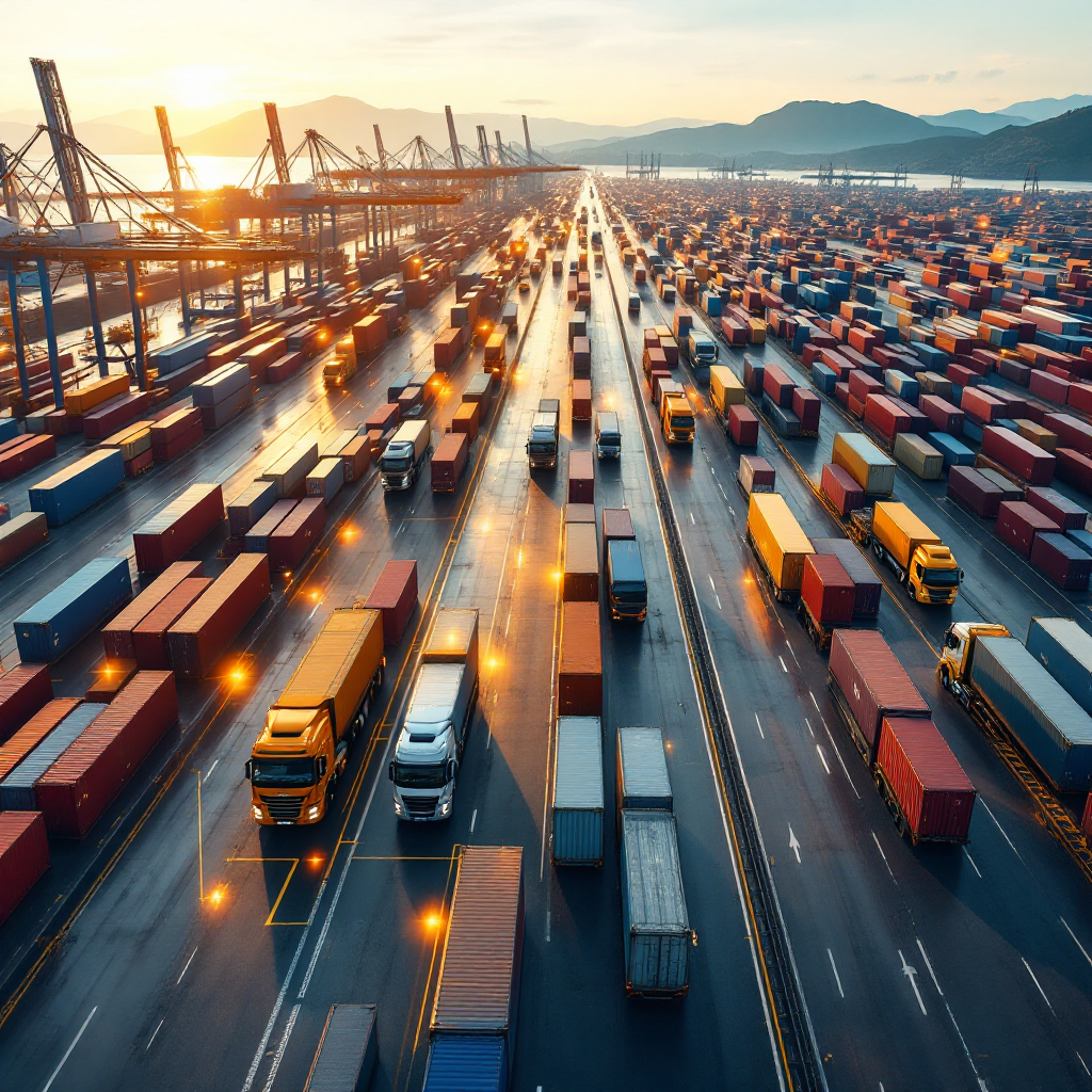 An aerial view of a busy container terminal with lanes of trucks, cranes loading containers, and digital overlays indicating data points, no text