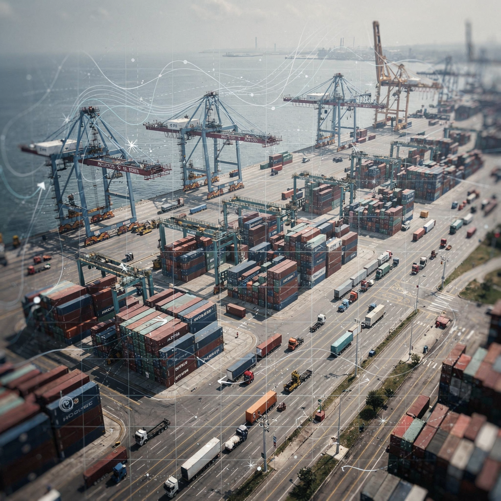 Aerial view of container terminal with virtual grid overlay High-resolution aerial view of a busy container terminal showing quay cranes, yard stacks, trucks, and access roads with a translucent overlay hinting at a virtual grid and data streams (no text or numbers)