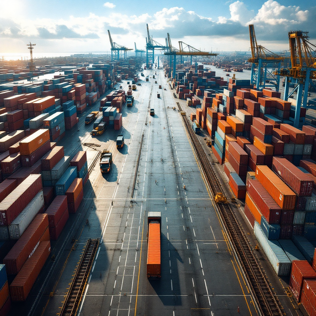 A wide-angle aerial view of a modern container terminal yard showing stacked containers, yard cranes, gantry cranes, and organized yard blocks with trucks and rails moving containers