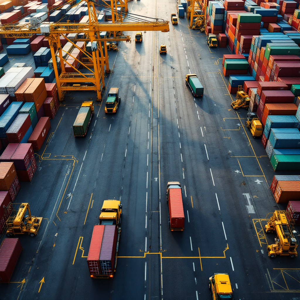 Top-down view of a container terminal yard with stacked containers in color-coded blocks and trucks moving, showing layout and crane tracks, no text