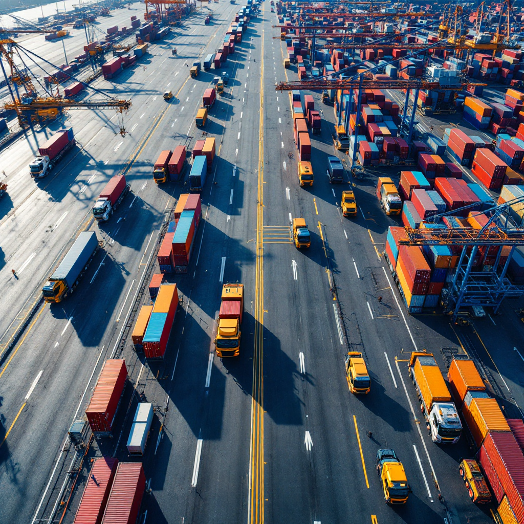 A high-level aerial view of a busy container terminal yard with neatly stacked containers, cranes, trucks, and clear lane markings, captured on a clear day