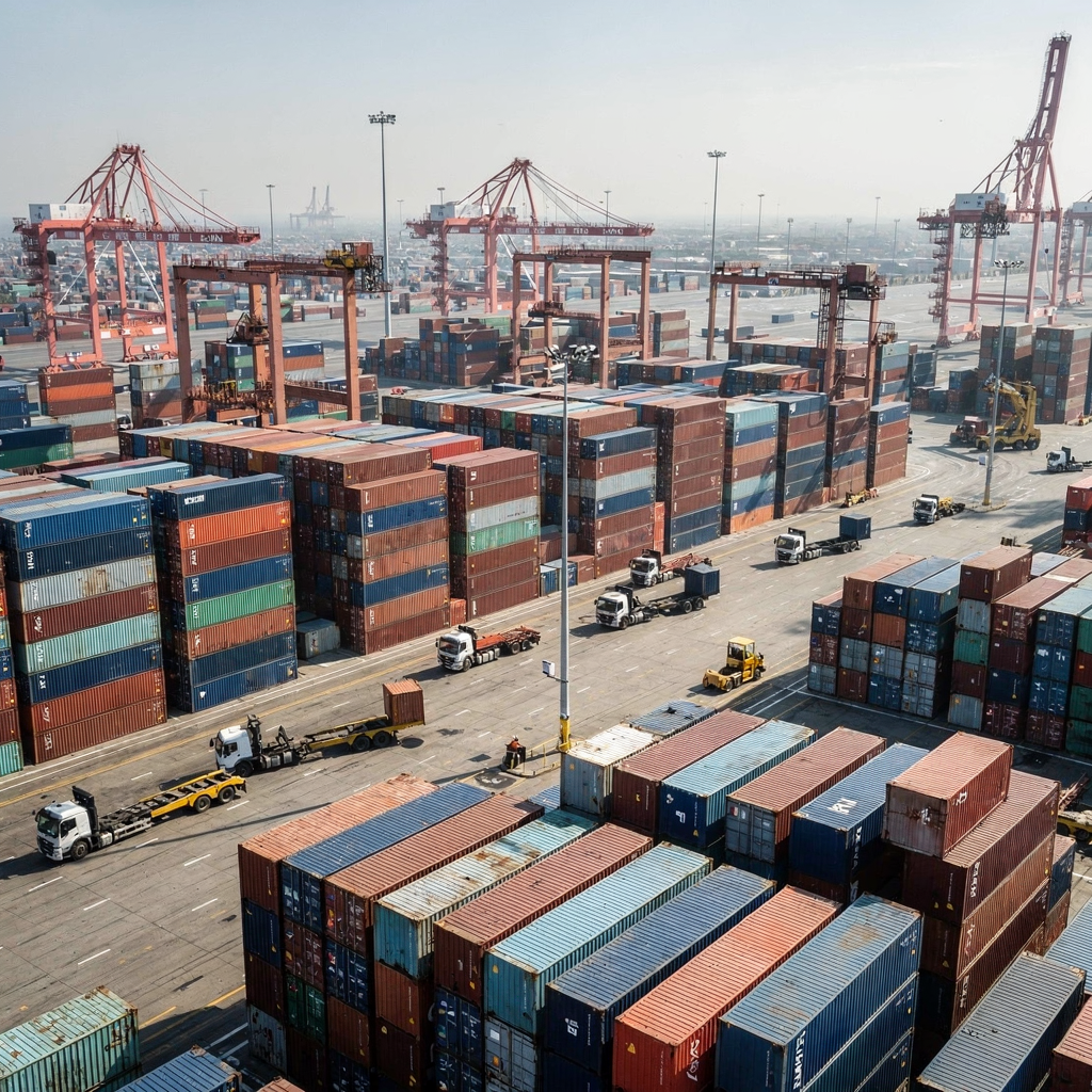 A wide aerial view of a busy container yard showing multiple stacked rows of containers, yard trucks, and cranes, under clear daylight, with emphasis on patterns of stacks and equipment flow