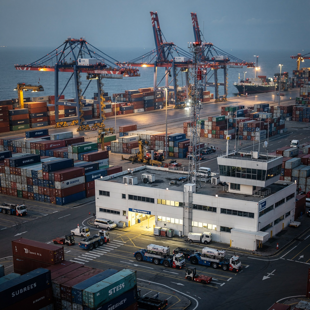 A busy container port yard seen from above at dusk, showing cranes, stacks of containers, automated guided vehicles, and a control center building with antenna arrays; no text or numbers
