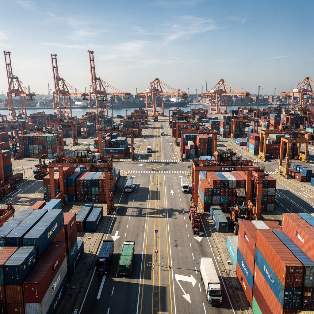 Aerial view of container yard with cranes and carriers Wide aerial view of a busy container yard showing quay cranes, stacks of shipping containers, straddle carriers and a few trucks moving along marked lanes, clear sky, no text