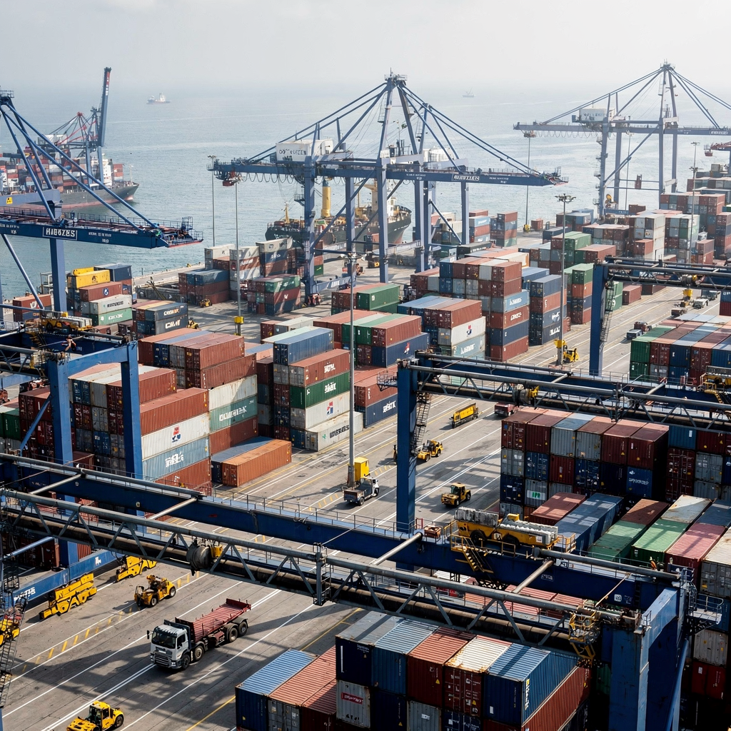 A busy deepsea container terminal showing coordinated quay cranes and yard equipment with clear lanes and container stacks, daytime, high-angle view, no text