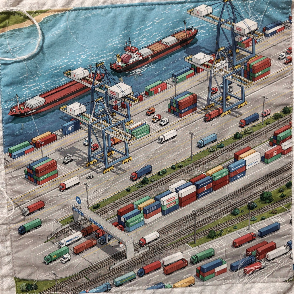 Aerial view of inland container terminal with cranes and stacks A detailed aerial-style illustration of an inland container terminal showing quay cranes, barges, intermodal rail tracks, truck gates, and stacked containers, rendered in clear colors with defined lanes and equipment, no text or numbers