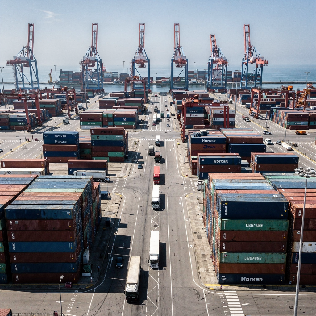 Aerial view of optimised container terminal layout Aerial view of a modern container terminal showing optimised quay layout, yard blocks, trucks moving in lanes, and cranes spaced for efficient flow, clear sky, no text