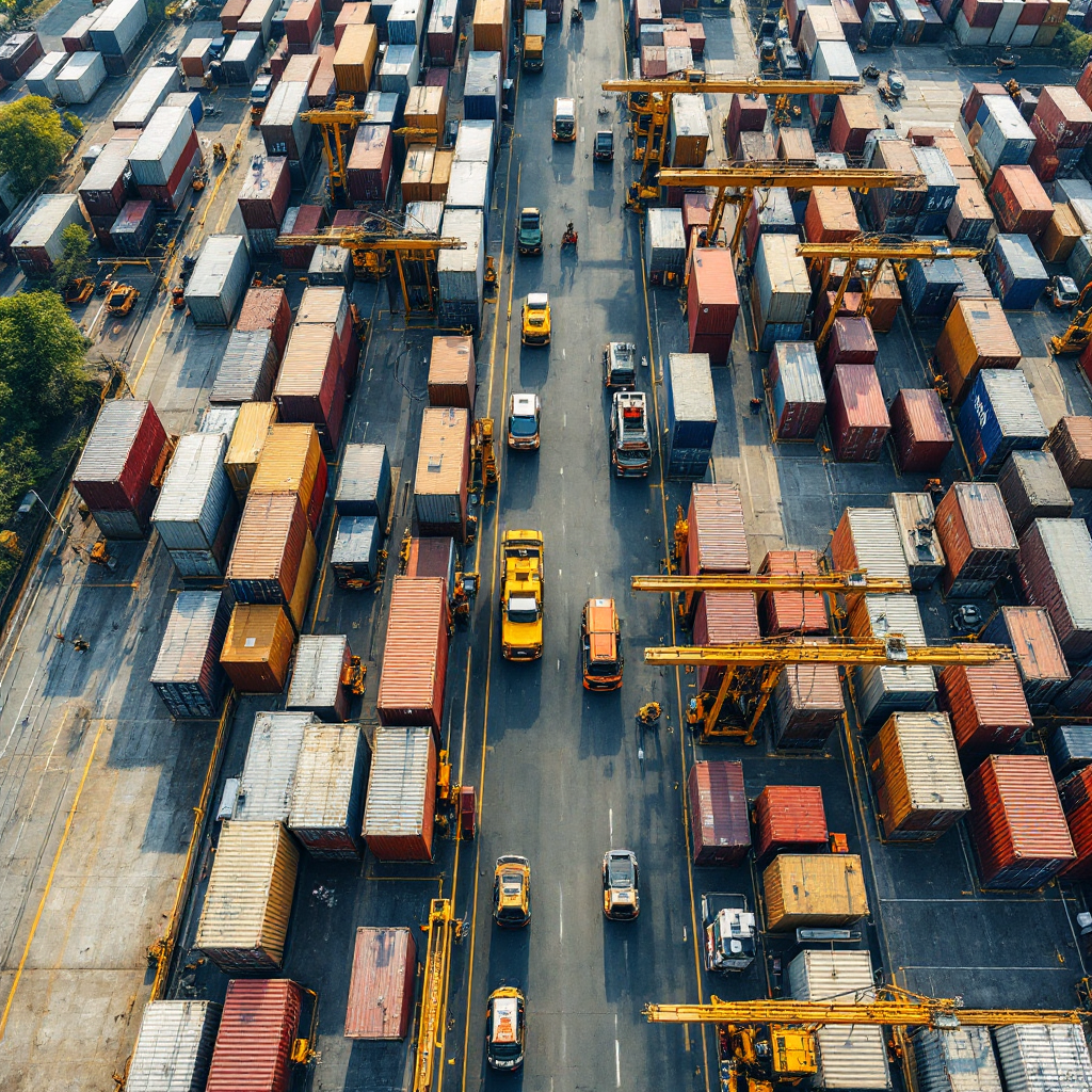 Aerial view of a busy container yard with neatly arranged stacks, cranes moving containers, automated guided vehicles in lanes, and clear access roads, under daylight