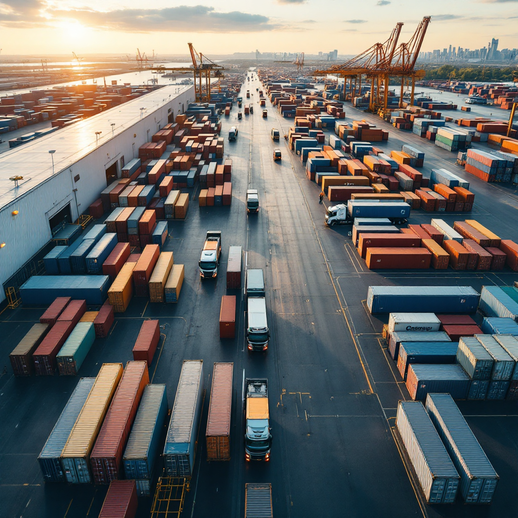 A wide aerial view of a modern container yard at midday showing neatly stacked containers, trucks entering and exiting, automated cranes, sensors on containers and a clean layout with pathways; no text or numbers