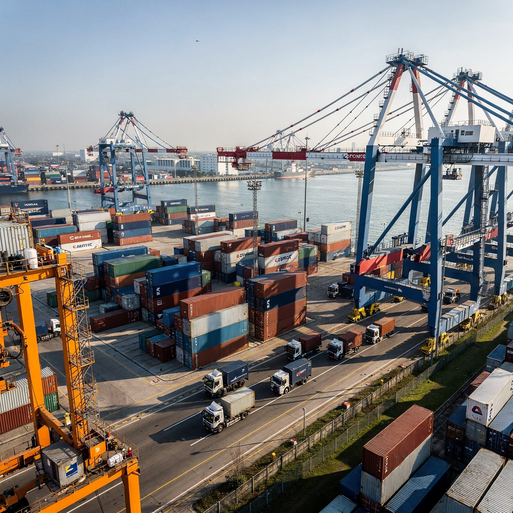 A busy modern quay with gantry cranes and automated yard trucks moving containers, showing aerial view of quay, yard blocks, and trucks, clear sky, no text