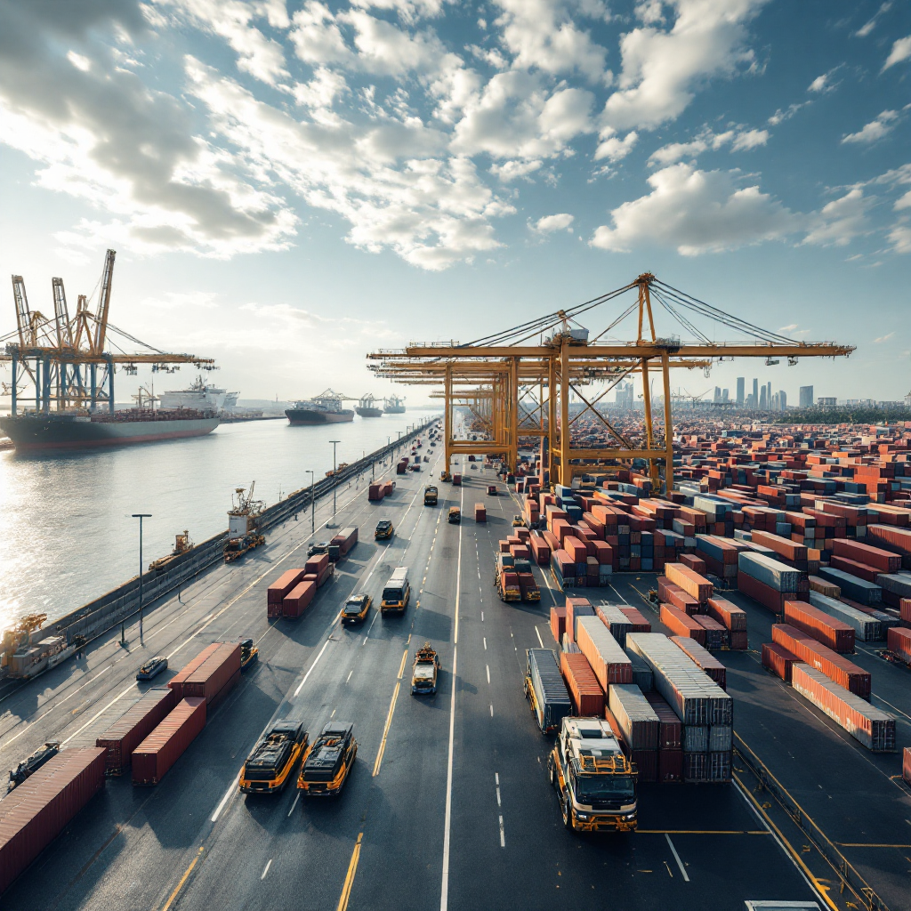 Aerial view of quay cranes and container stacks A wide aerial view of a modern container terminal showing multiple quay cranes working on a large container ship, with stacked containers and AGVs moving along paved lanes