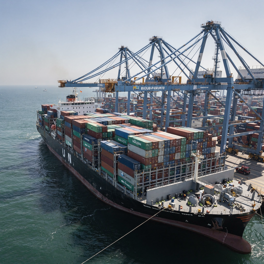 Aerial view of quay cranes and yard stacks Aerial view of a busy container terminal showing quay cranes lifting containers from a large containership with orderly yard stacks and vehicles moving containers, clear sky