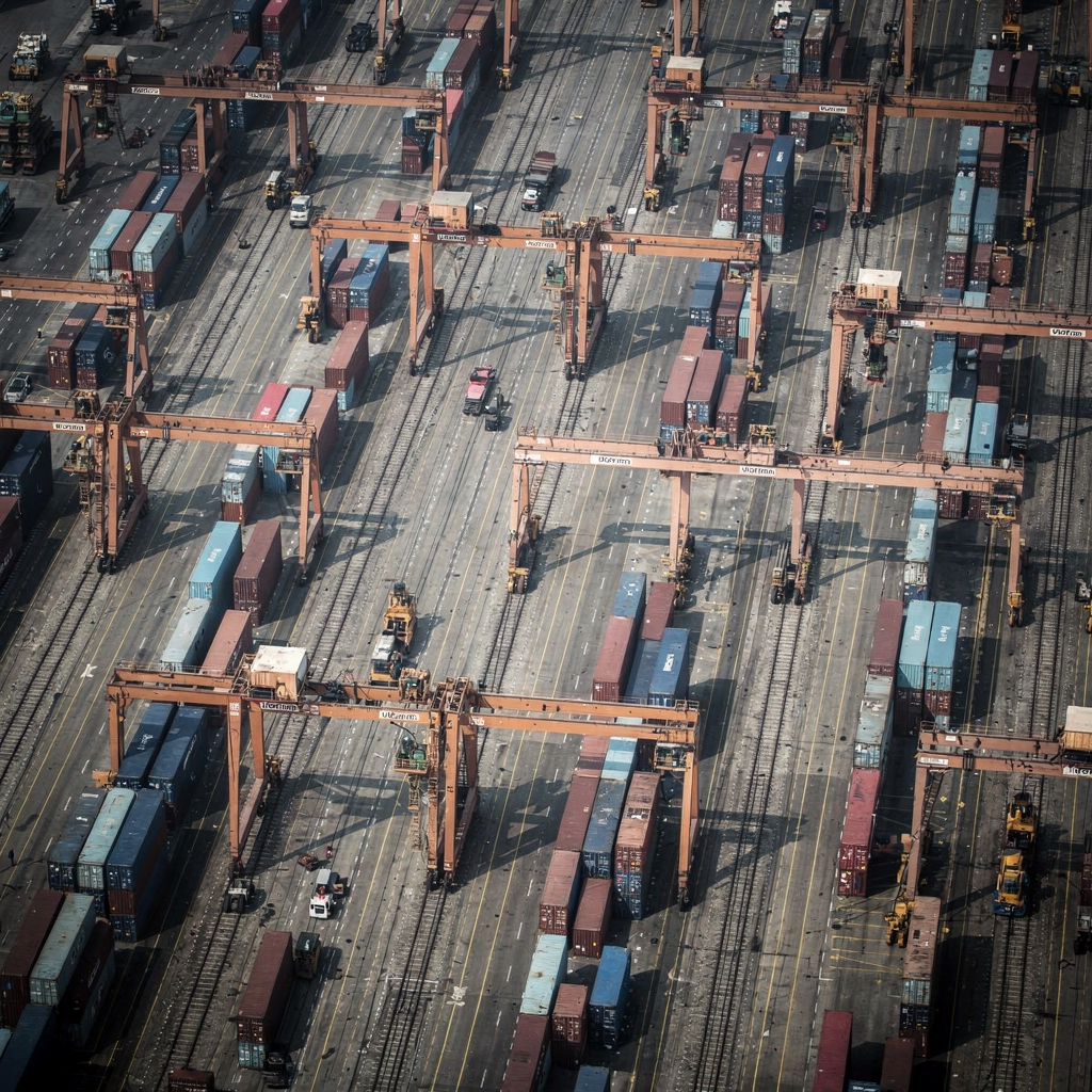 Aerial view of rail mounted gantry operations Aerial view of a busy container yard with multiple rail mounted gantry cranes working across rows of stacked containers, showing rail tracks and container bays, no text or numbers