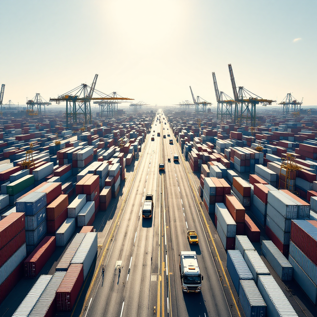 Aerial view of reefer containers in a container terminal A wide aerial view of a busy deepsea container terminal showing rows of refrigerated containers with power pedestals, cranes at the quay, stacks of containers, and service vehicles moving between rows, clear sky, no text