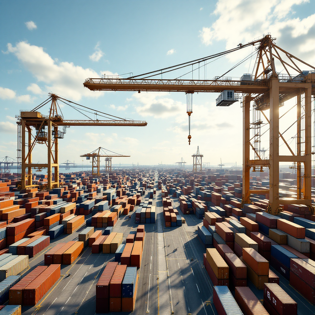 An aerial view of a container terminal yard showing ASC and RTG cranes operating over dense stacks, clear sky, high detail