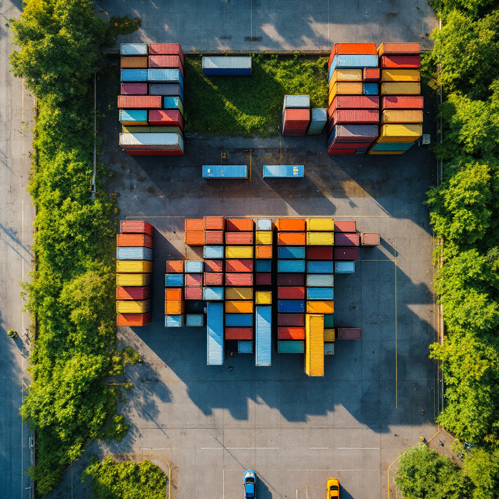Aerial view of yard with vegetation and containers Aerial drone view of a mixed-use yard with green vegetation patches and stacked containers, clear sky, no text or numbers