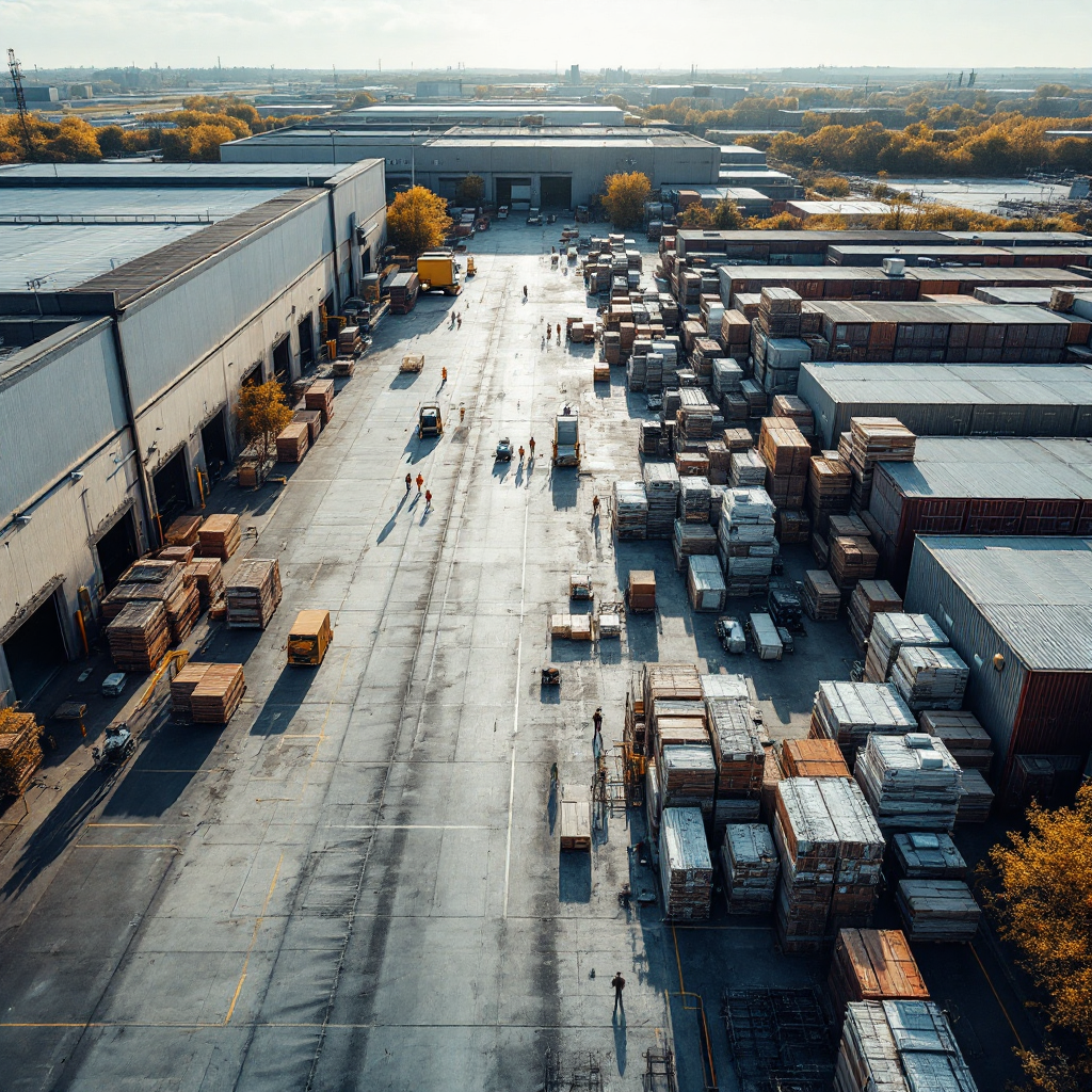 Aerial yard view with sensors and drone Aerial view of an industrial yard with stacked materials, sensor stations, and a drone capturing imagery over the area, clear sky, high detail
