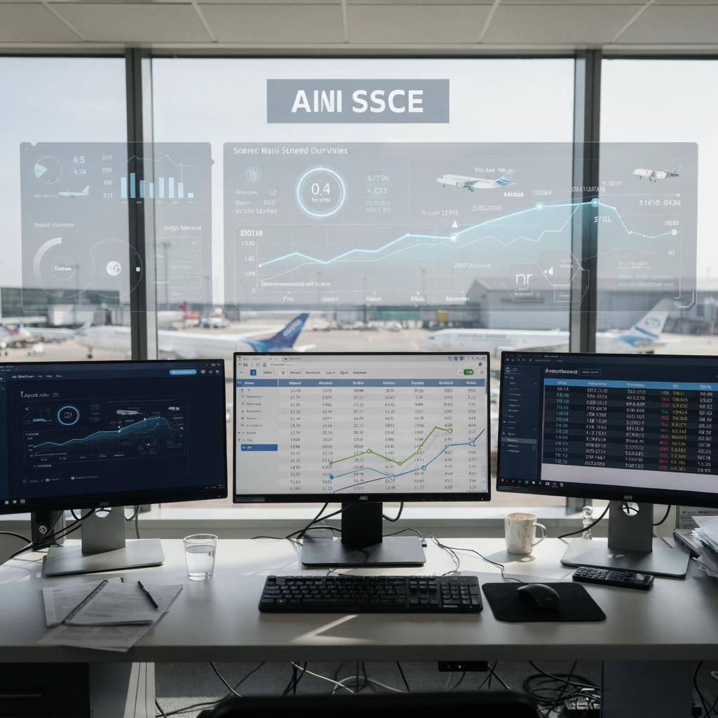 Airport gate assignment AI dashboard An airport gate assignment control room showing an AI dashboard, scheduling overlays, and a simulated timeline of arrivals and departures, no text