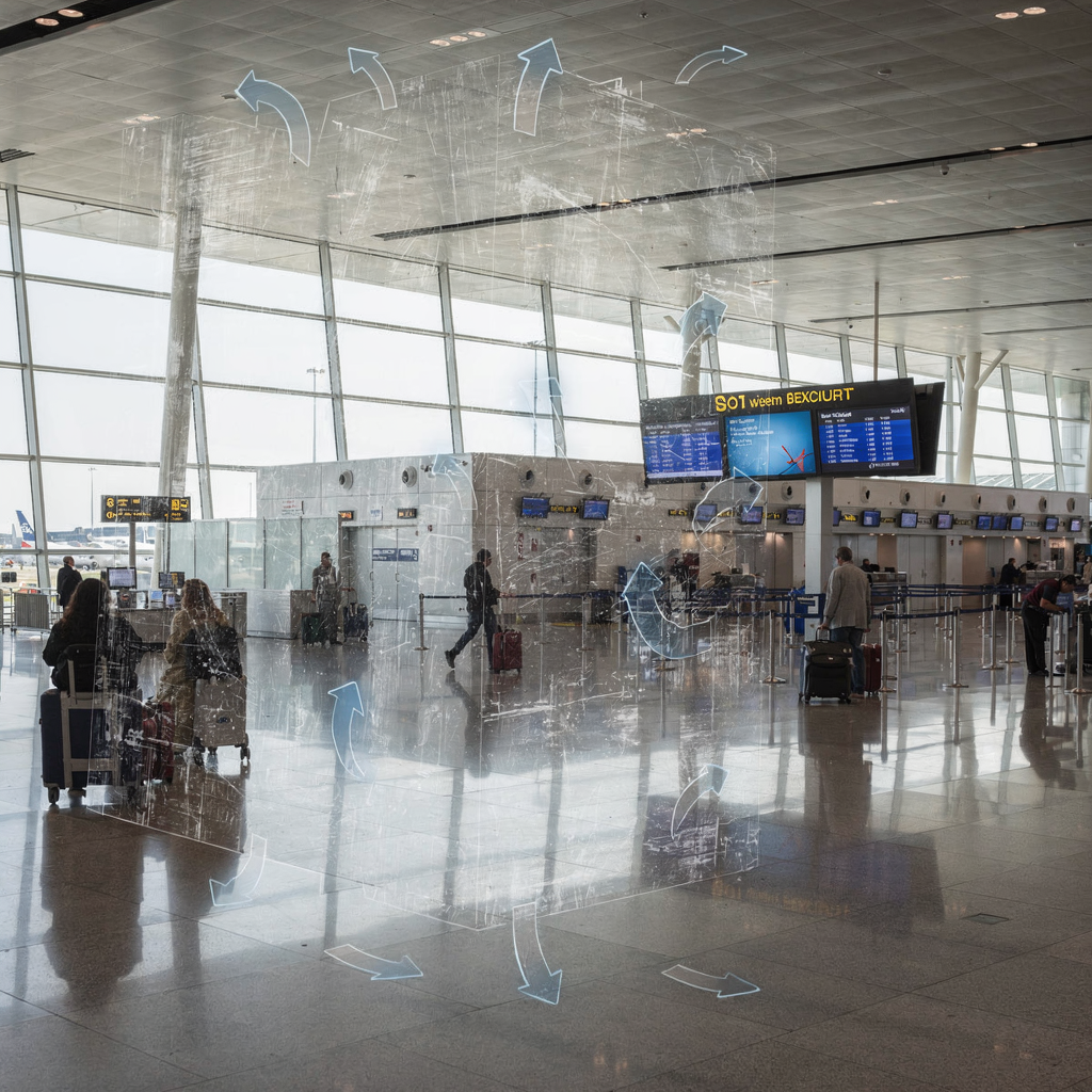 An airport terminal concourse showing passenger flow, security checkpoints, and digital signage with a transparent overlay of flow arrows (no text)