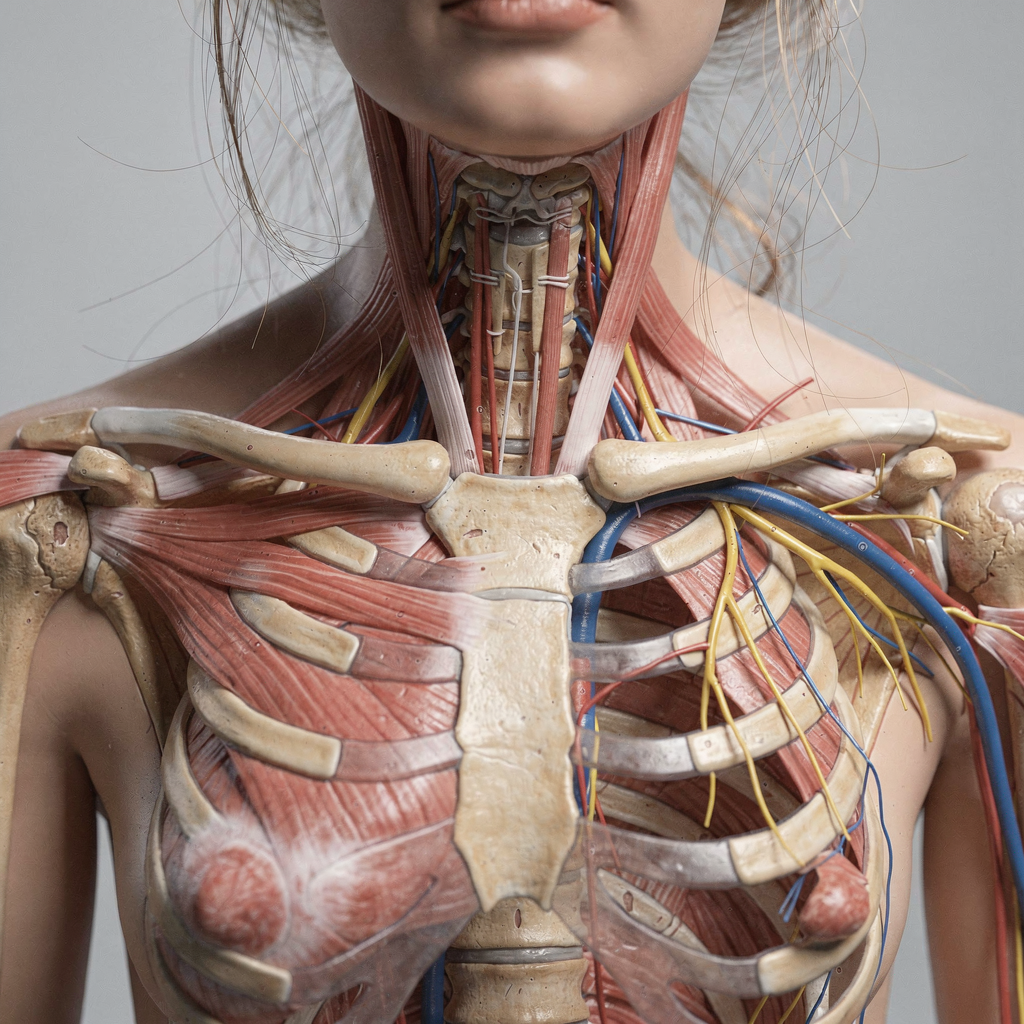Anatomy of thoracic outlet area Clinical illustration of the neck and upper chest anatomy showing clavicle, first rib, scalene muscles, and brachial plexus without any text