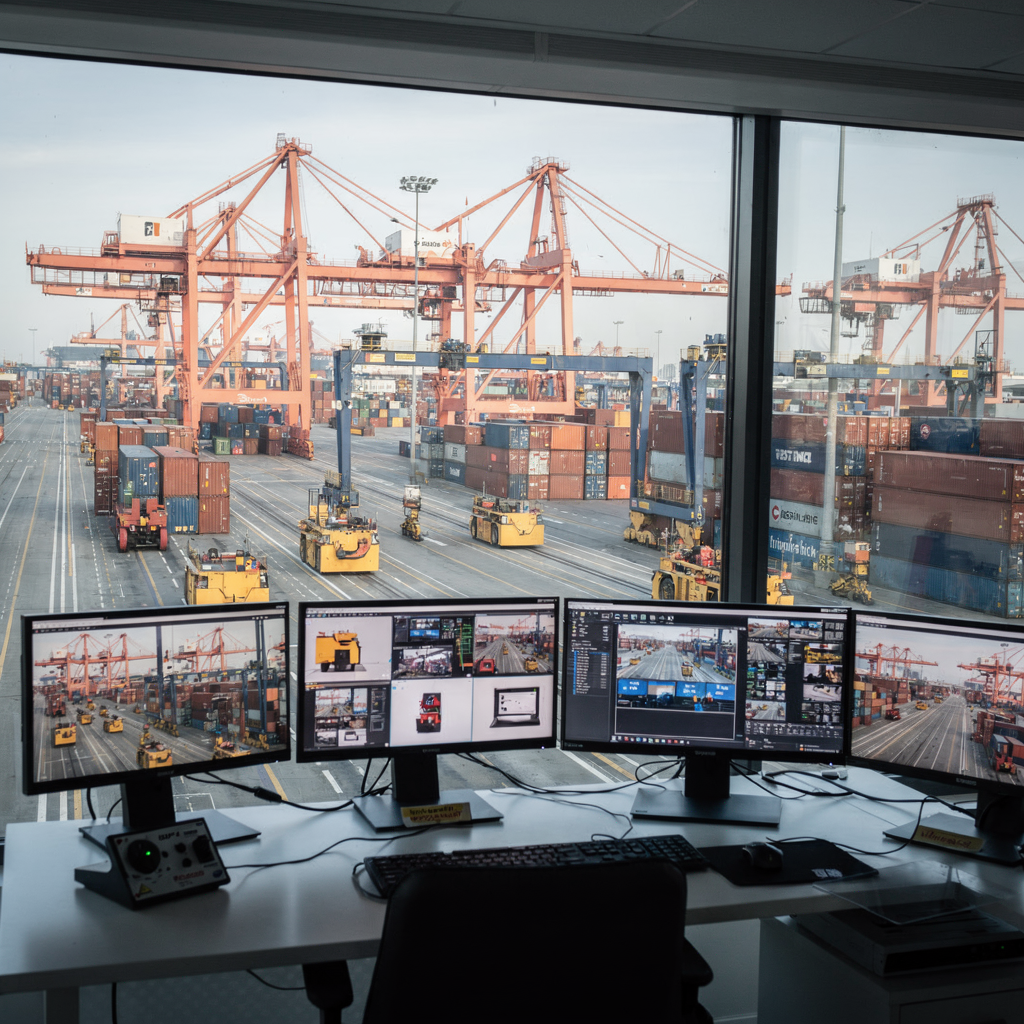 Automated container terminal interior with cranes and AGVs Interior view showing an automated container terminal with automated stacking cranes, AGVs moving containers, and a control room monitor wall, no text