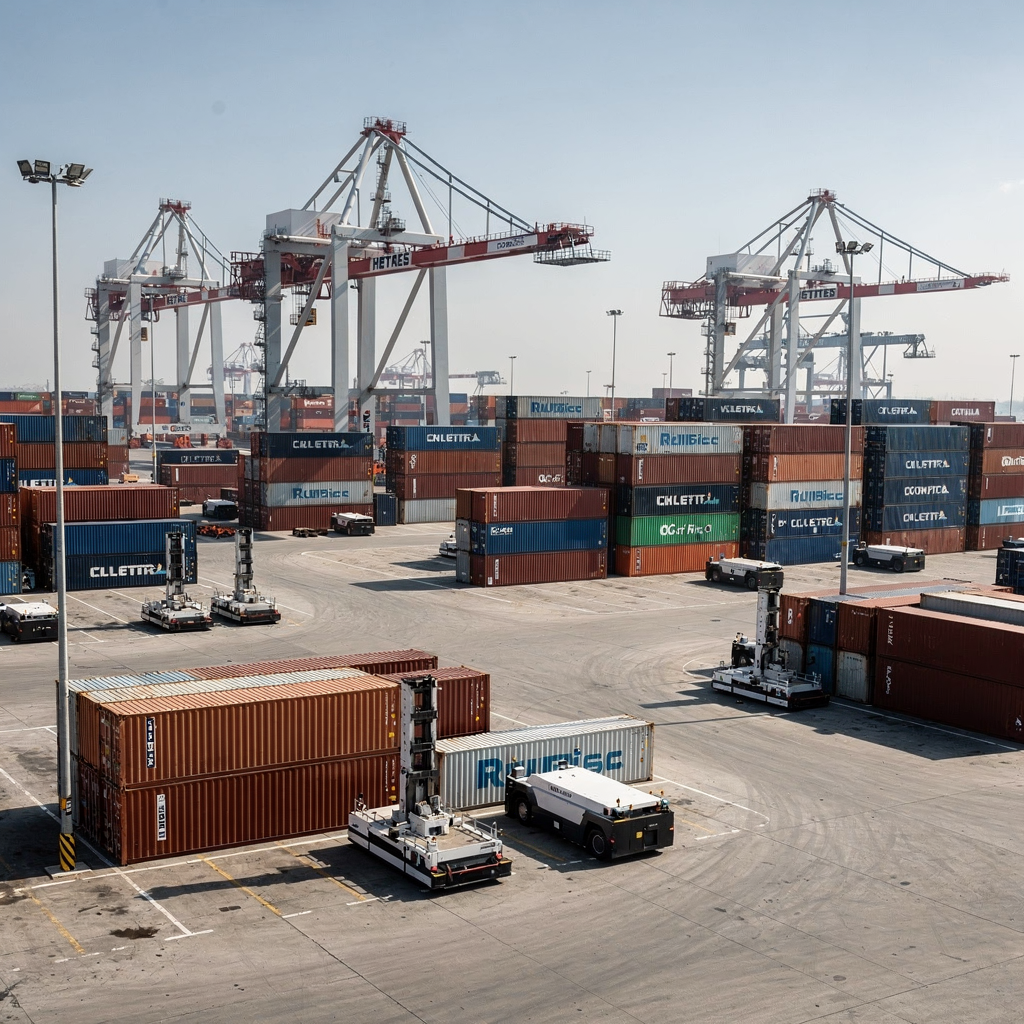 Wide shot of an automated container yard with AGVs, remote cranes, and stacked containers under clear sky, showing coordinated movements and no visible people close-up