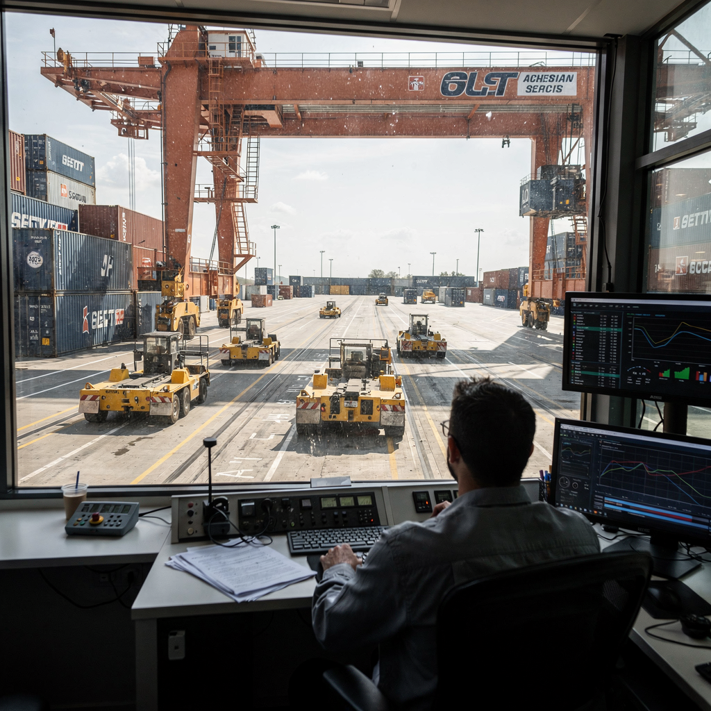 Interior view of an automated container yard with automated guided vehicles moving under a crane, operators watching from a control room through glass, and digital screens showing yard status. No text or numbers.