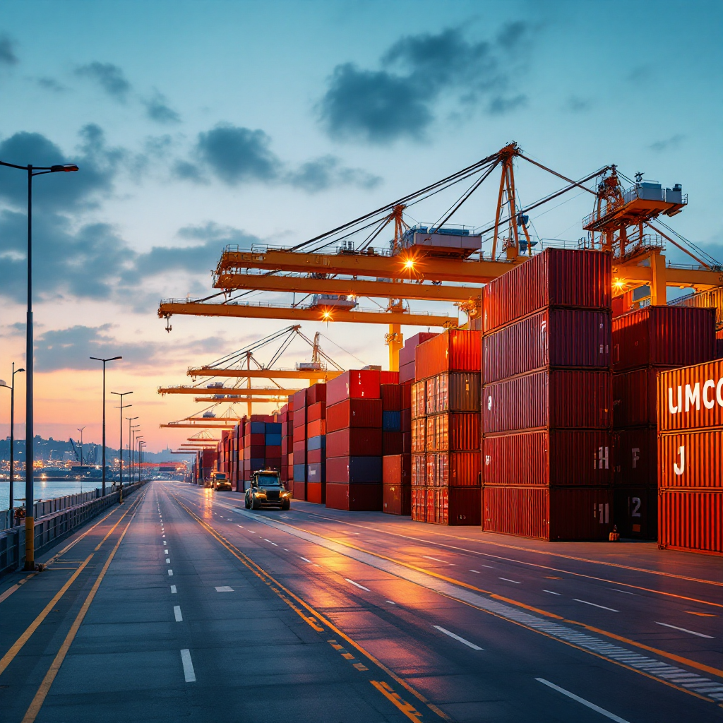 A modern container yard at dusk with automated stacking cranes and guided vehicles moving containers, clear lanes and marked stacks, no text or numbers