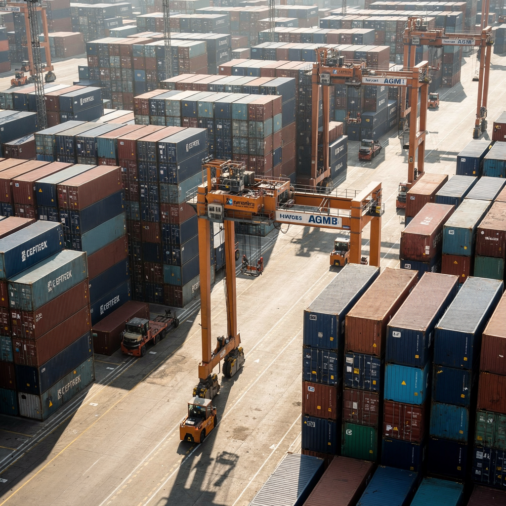 A high-angle view of a busy container yard showing stacks, automated stacking cranes, and AGVs moving containers between rows; clear weather, no text