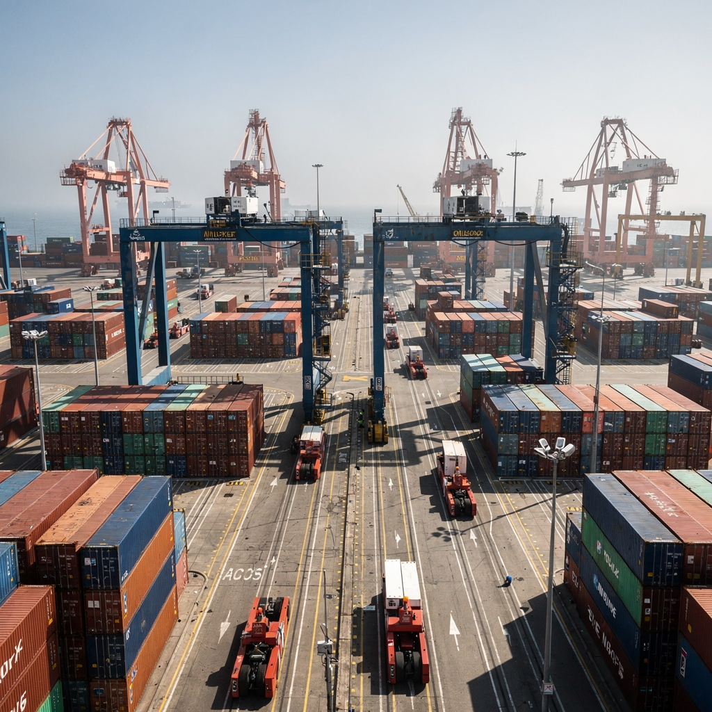 A wide-angle view of an automated container yard at a deepsea port showing multiple yard cranes working in organized blocks, with AGVs moving between quay and yard lanes, clear skies