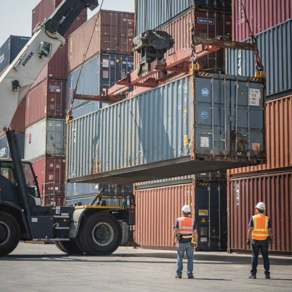 Close-up view of an automated crane lifting a shipping container with a background of neatly stacked containers and workers supervising from a safe distance, showing modern terminal equipment (no text or numbers)