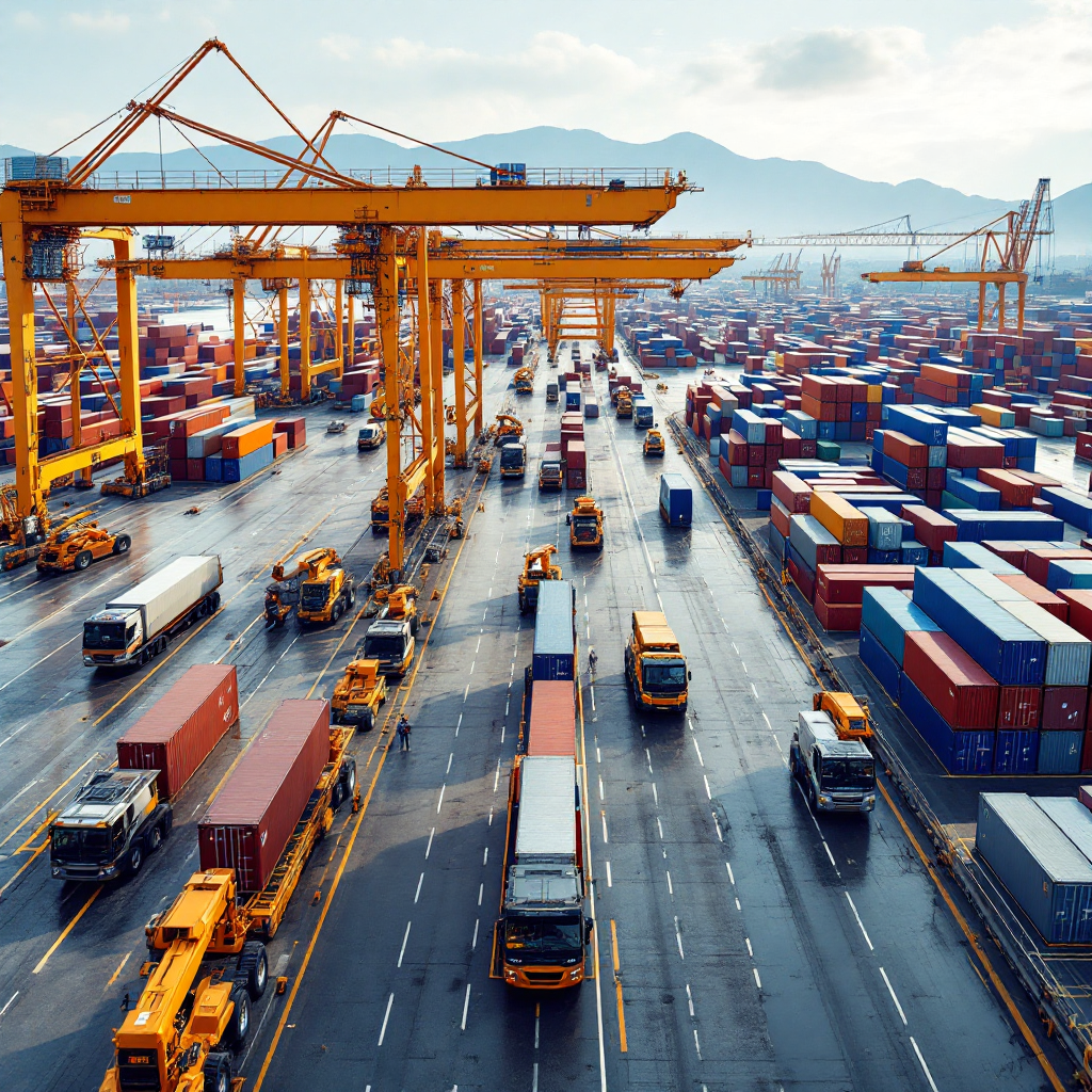 A modern automated container terminal with robotic cranes and automated guided vehicles working in a structured grid, showing clean lanes and container stacks, no text or numbers