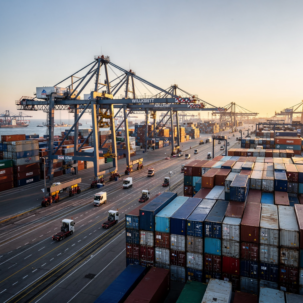 Automated cranes and AGVs operating at a container terminal A modern container terminal at dawn showing automated quay cranes lifting containers, AGVs moving in precise lanes, and a grid-like stacked container yard, clear sky