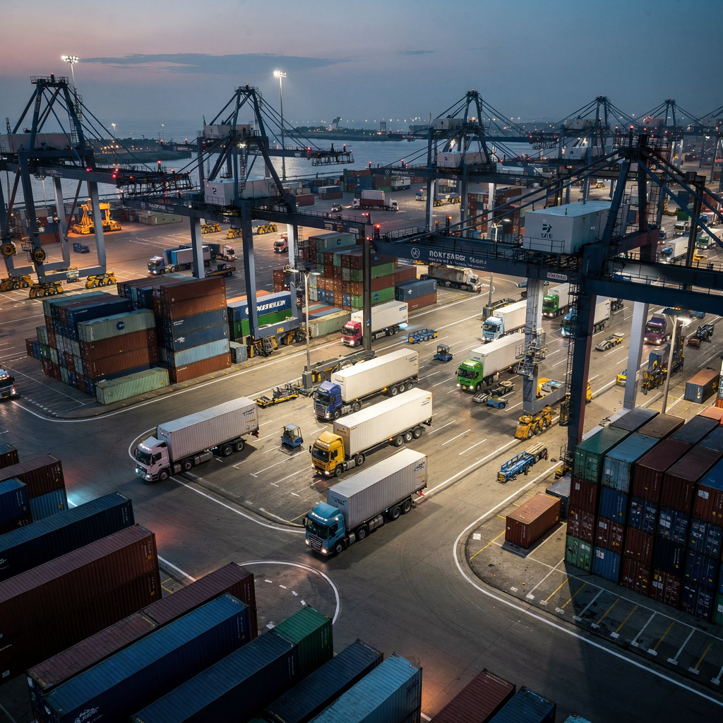 Automated cranes and trucks in a container yard A container yard at dusk with smart cranes and automated trucks operating efficiently, showing energy-efficient lighting and smooth vehicle paths, cinematic aerial photography, no text